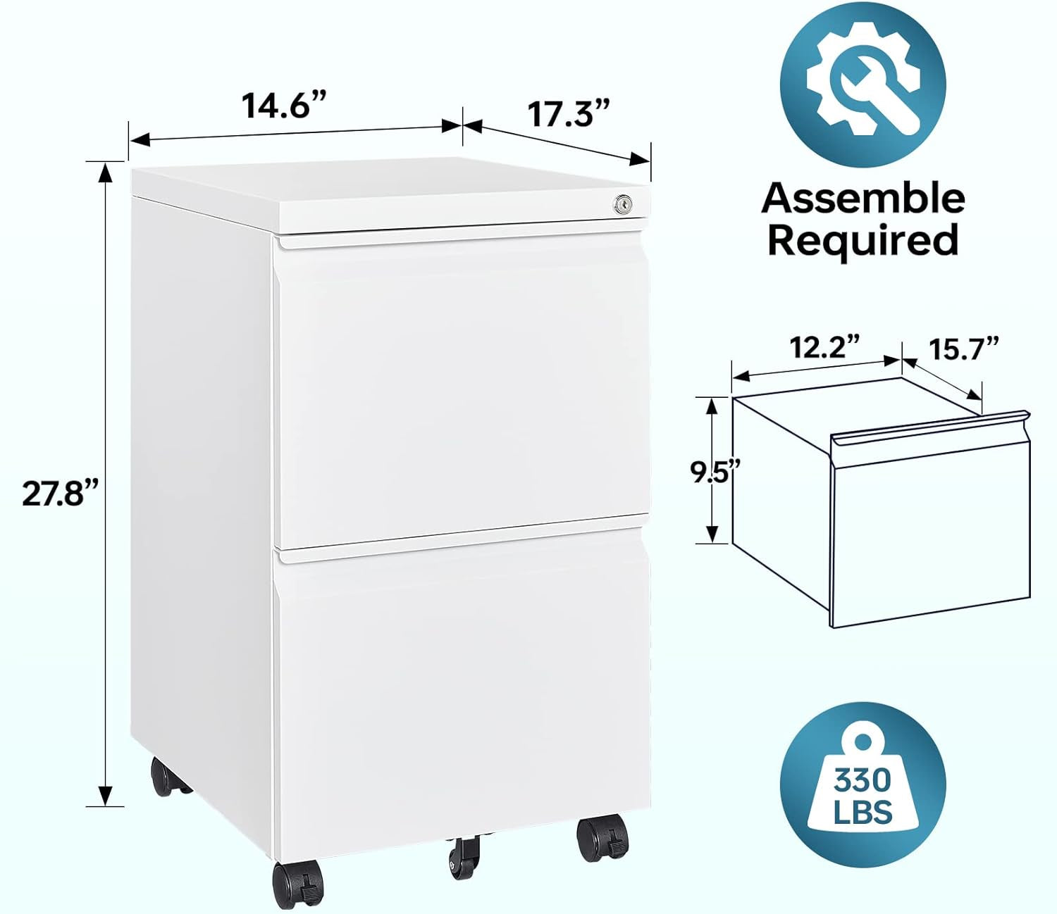 2 Drawer File Cabinet with Lock, Home Office Filing Cabinets on Wheels, under Desk 2 Drawers Storage for Legal/Letter/A4 Files,Fully Assembled-2