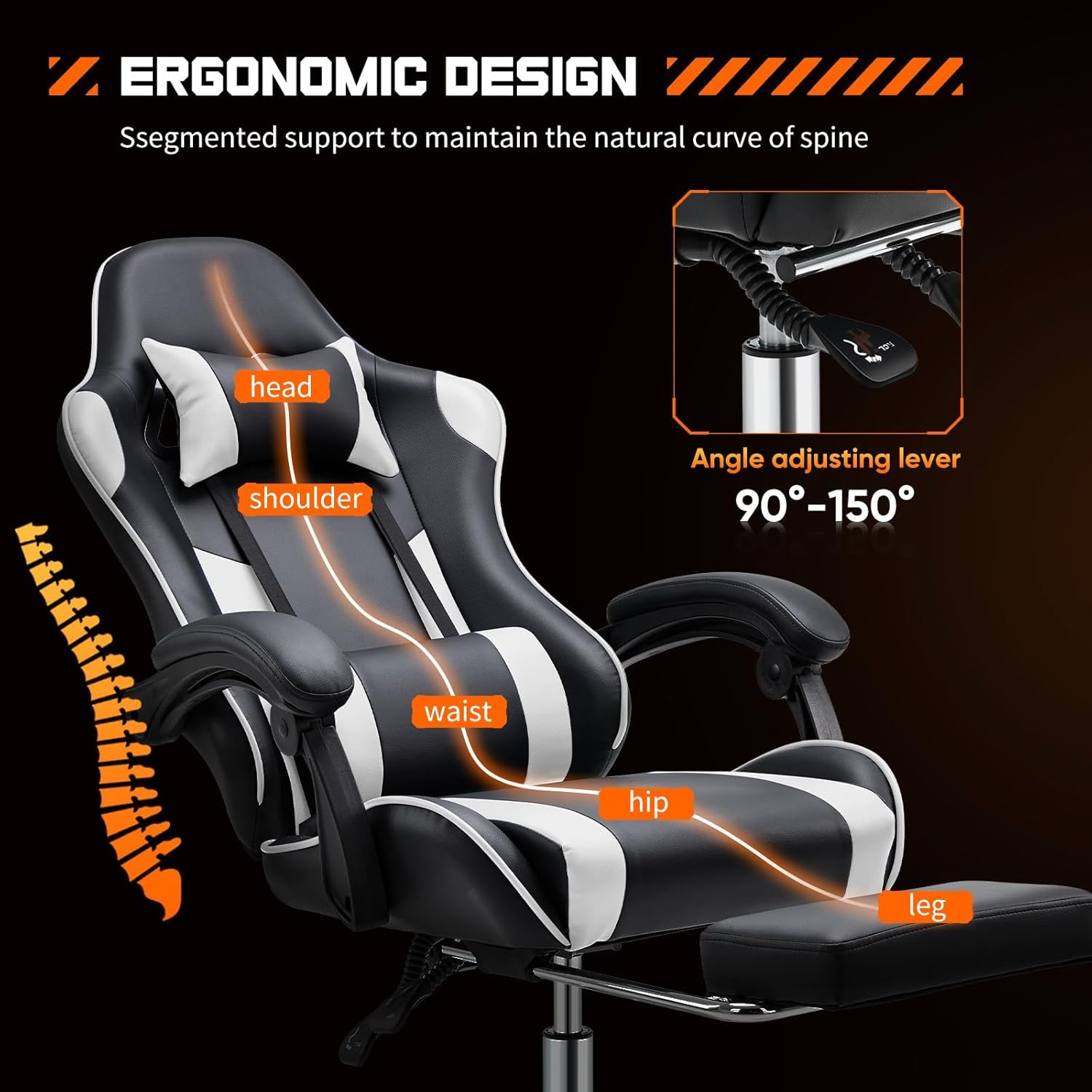 Video Game Desk Chair - Ergonomic Computer with Footrest and Comfy Lumbar Support, PU Leather Recliner with Headrest, Fixed up Armrest, Height Adjustable with 360° Swivel, White, Adults-3