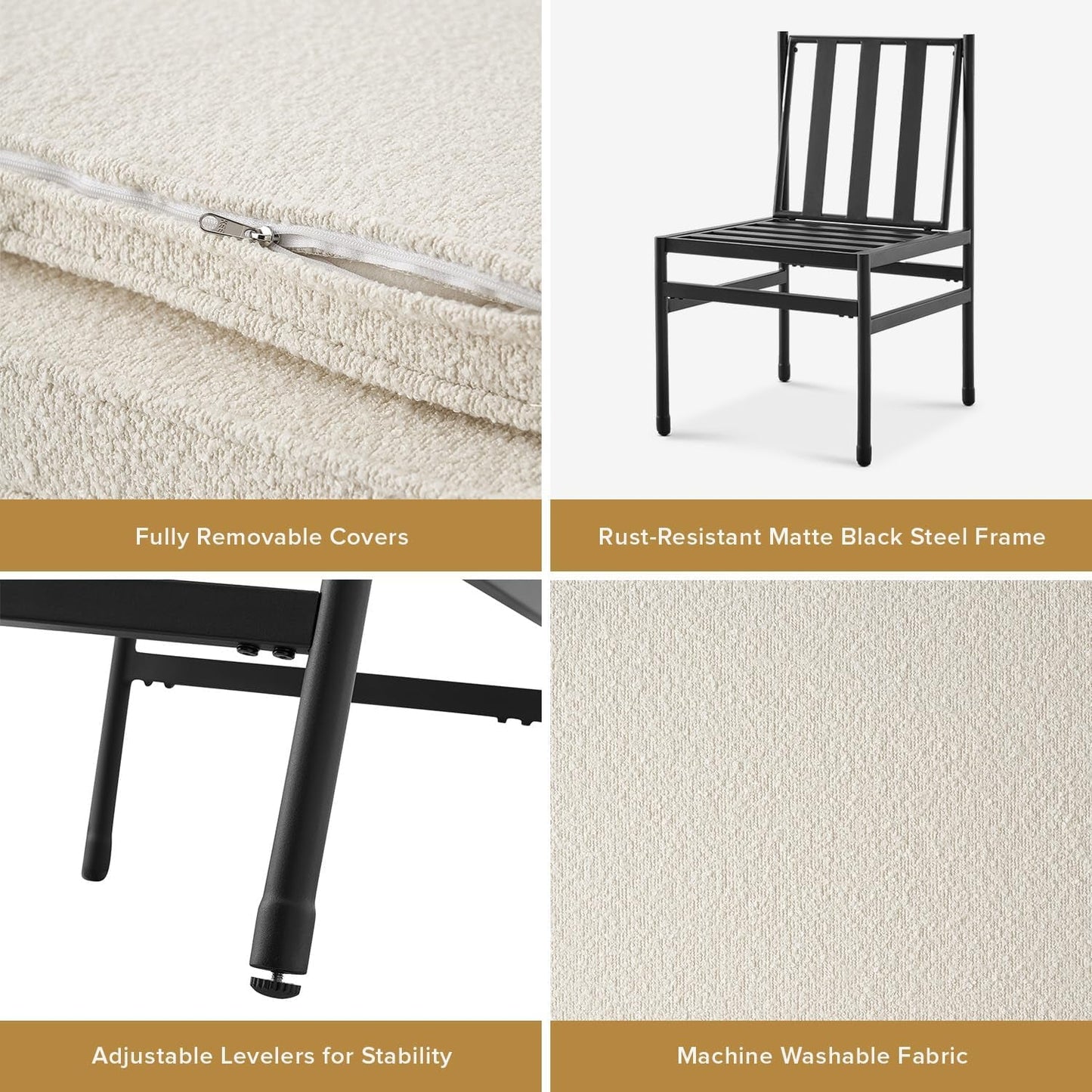 Odelia Dining Chairs, Kitchen Chairs, Dining Room Chairs, Black Dining Chairs, Sturdy Bifma-Certified Rust-Free Metal Frame and Removable Cushion Covers (2, Pearl White Boucle, One Size)-3