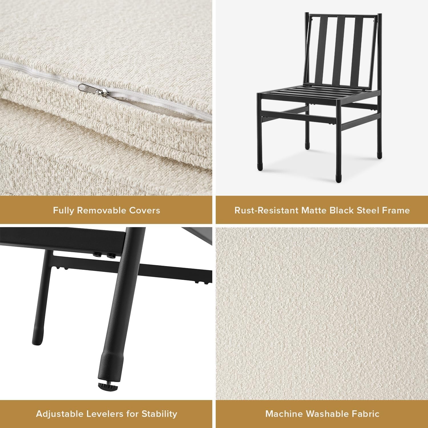 Odelia Dining Chairs, Kitchen Chairs, Dining Room Chairs, Black Dining Chairs, Sturdy Bifma-Certified Rust-Free Metal Frame and Removable Cushion Covers (2, Pearl White Boucle, One Size)-3