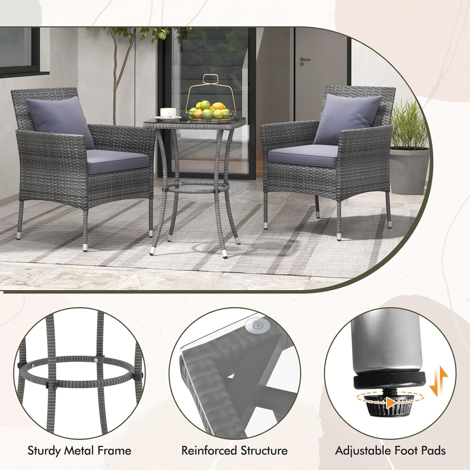 3-Piece Patio Furniture Set, PE Wicker Conversation Bistro Set W/A Tempered Glass Table & 2 Cushioned Chairs, Outdoor Table & Chairs Set for Patio Porch Yard Garden (Mix Gray+Grey)-4