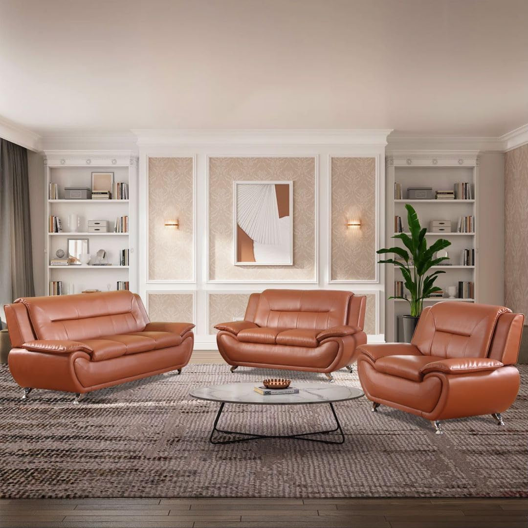 Living Room Furniture Set, Faux Leather Sofa Couch Set, 3 Pieces Modern Sofa Set for Living Room/Apartment/Office (Orange)-1