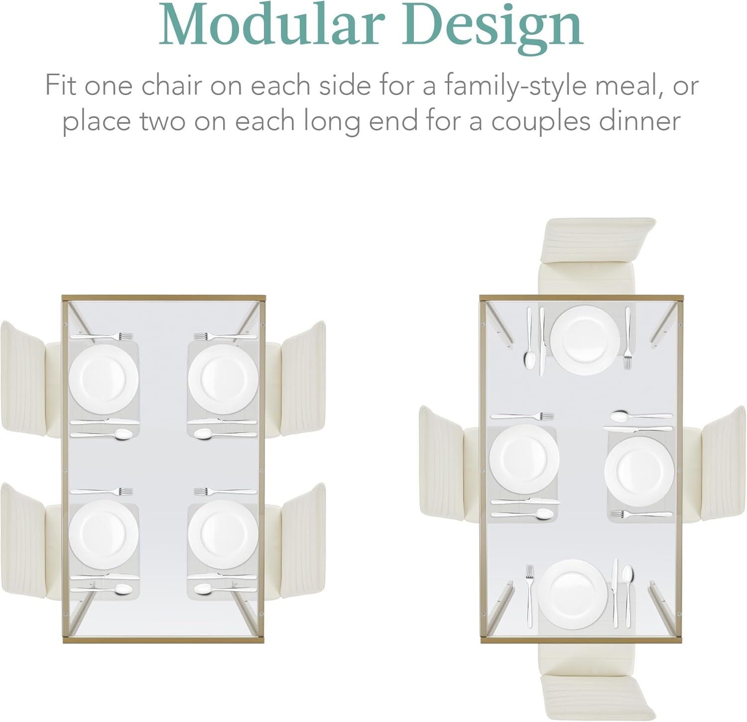 5-Piece Glass Dining Set, Modern Kitchen Table Furniture for Dining Room, Dinette, Compact Space-Saving W/Glass Tabletop, 4 Upholstered PU Chairs, Metal Steel Frame - Ivory/Gold-3