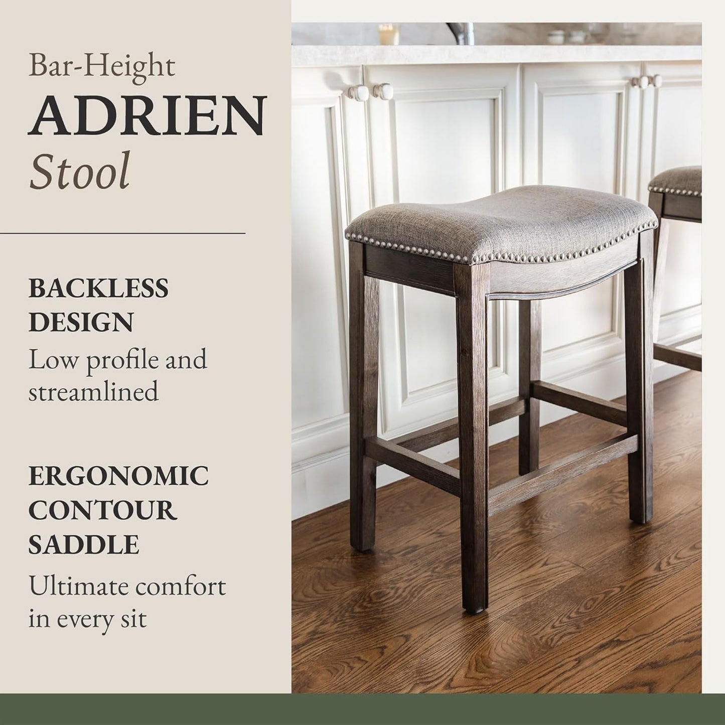 Adrien 31 Inch Bar Height Upholstered Backless Saddle Barstool in Dark Walnut Finish with Ash Grey Fabric Cushion Seat, Set of 4-3
