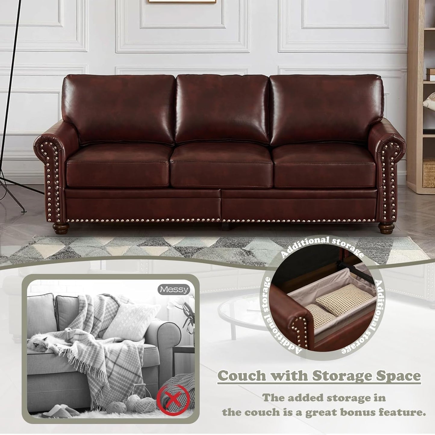 2-Piece Comfy Upholstered PU Leather Sofa Couch Set, Mid-Century Modern Loveseat Sofa+3 Seater Couch with Storage Space for Living Room, Furniture Set, Red Brown-3