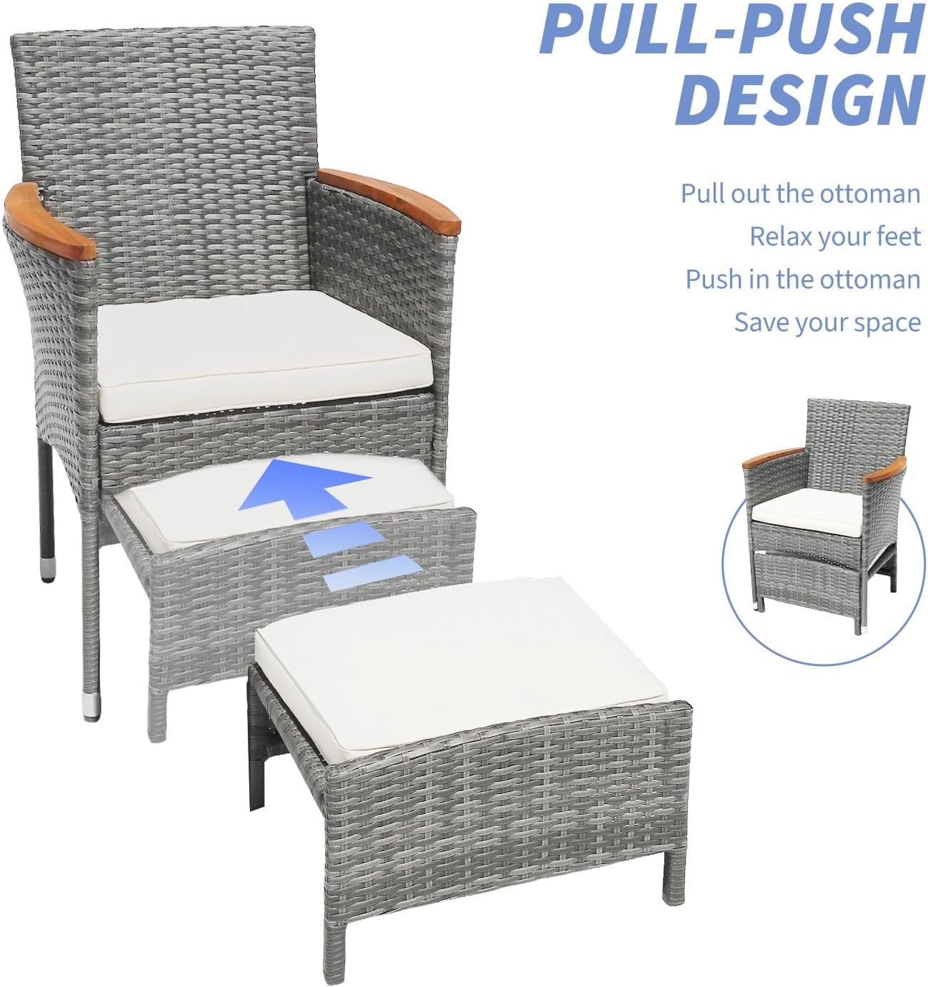 5 Piece Outdoor Patio Furniture Set with Table&Ottoman Outdoor Furniture Patio Set Bistro Wicker Patio Set of 2 outside Lawn Chairs Conversation Sets for Porch Balcony Deck(Gray Wicker&Beige Cushion)-3