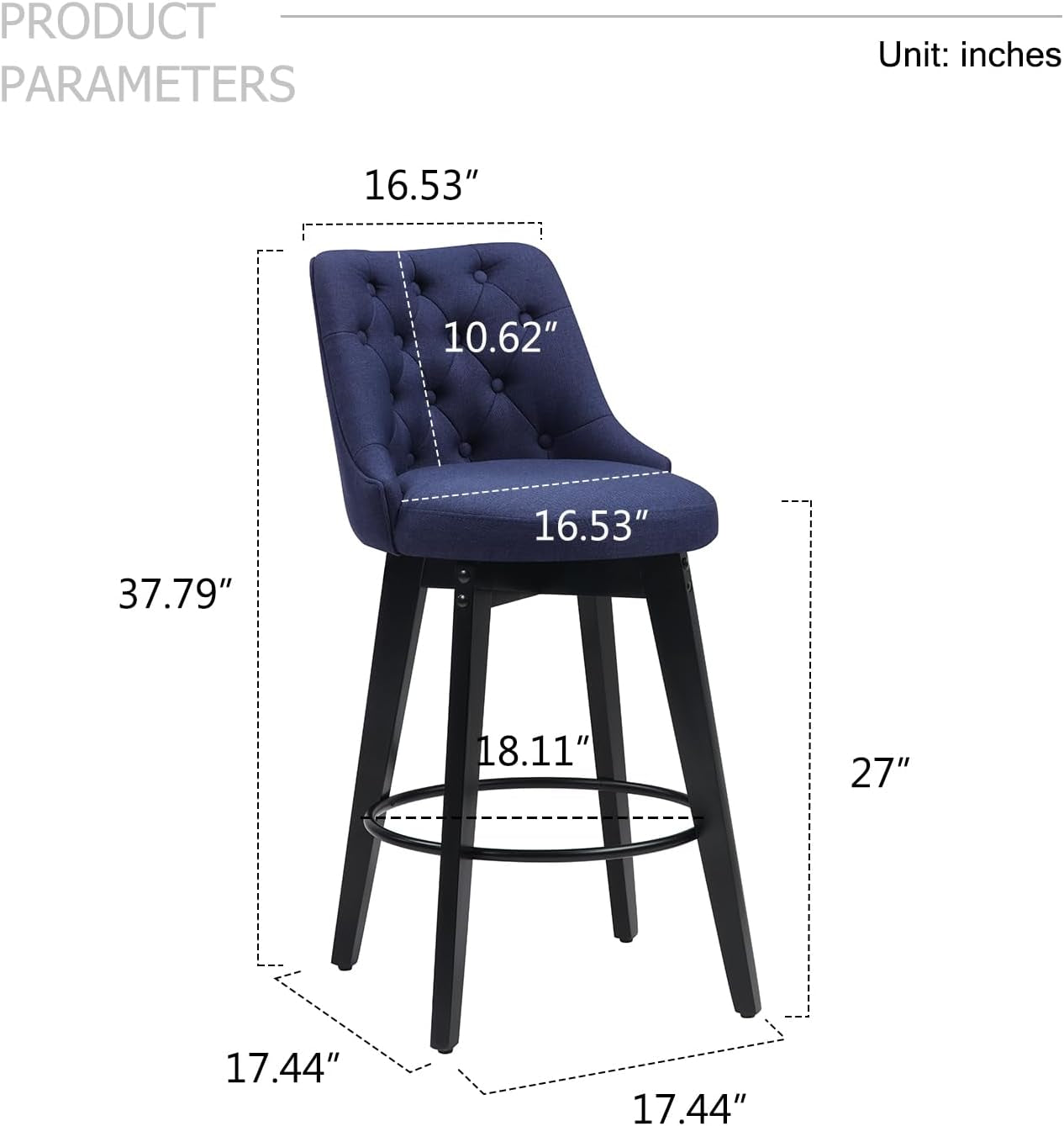 Bar Stools Set of 2, Swivel Barstools with Backs and Wood Legs, 27" Linen Fabric Upholstered Bar Chairs for Kitchen Island, Dining, Cafe, Pub（Blue）-2