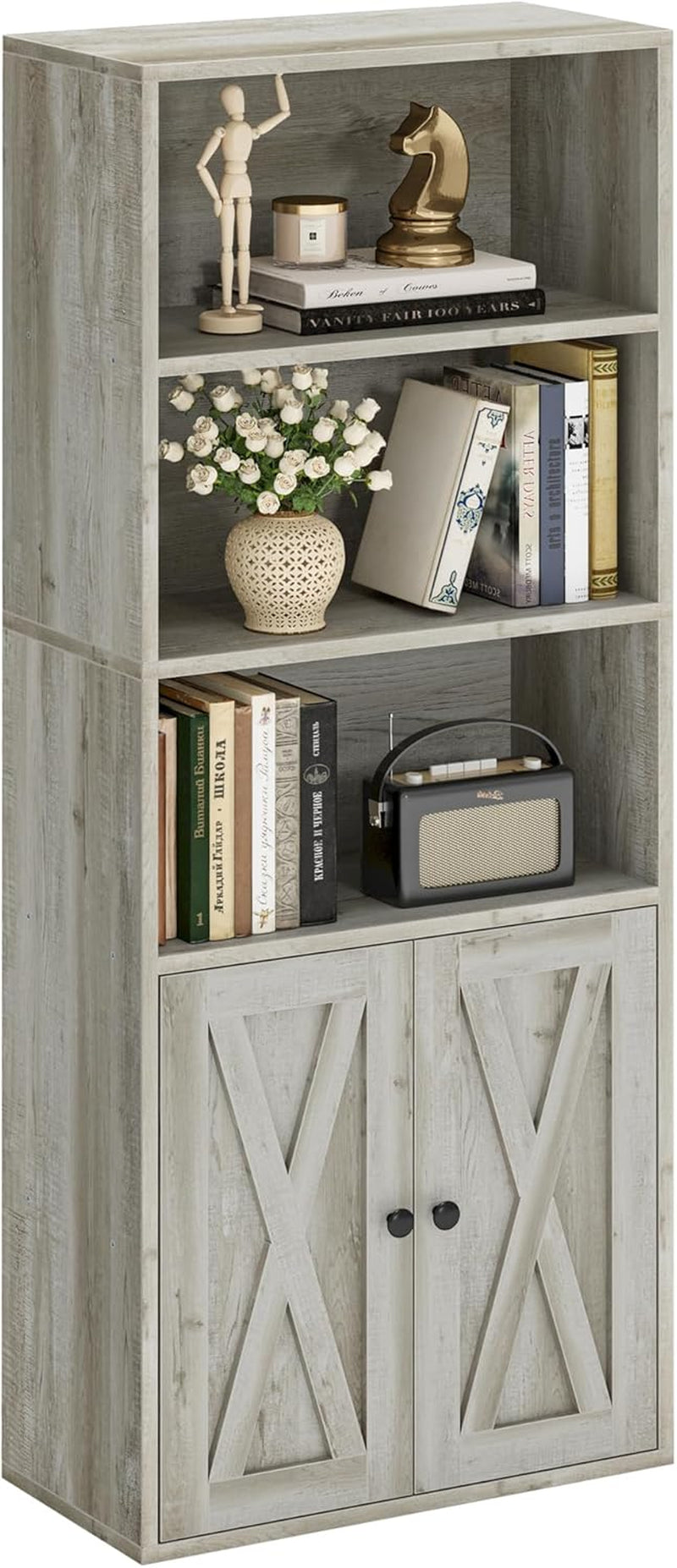 Industrial Bookshelves and Bookcases with Doors 11.8 in Depth Floor Standing 5 Shelf Display Storage Shelves Bookcase Home Decor Furniture for Home, Office, Living Room, Bedroom-0