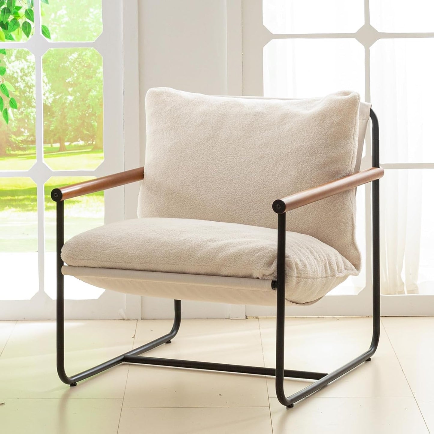 Modern Accent Chair, Living Room Chair with Wood Armrests, Shredded Foam Cushion, and Sturdy Metal Frame Reading Chair, Beige-0