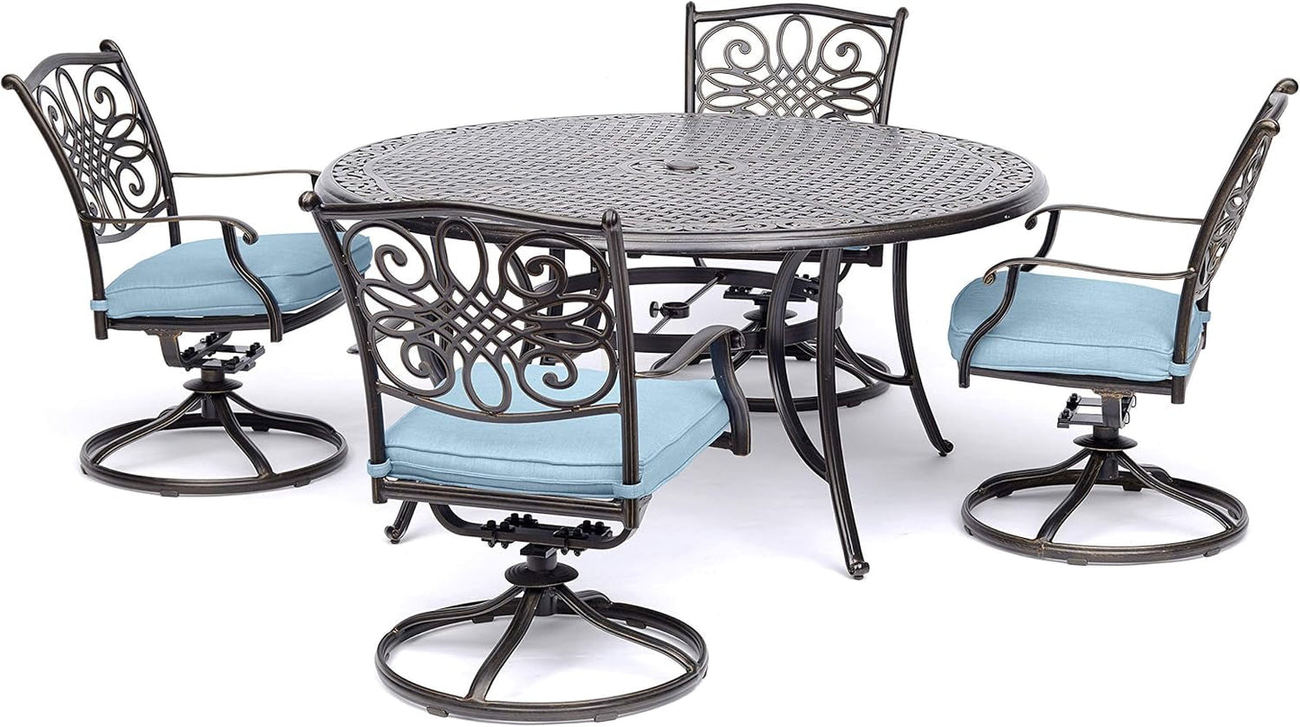 Traditions 5-Piece Rust Resistant Aluminum Patio Dining Set with Blue Cushions, Swivel Rockers and Aluminum round Dining Table, Outdoor Dining Set for 4-0