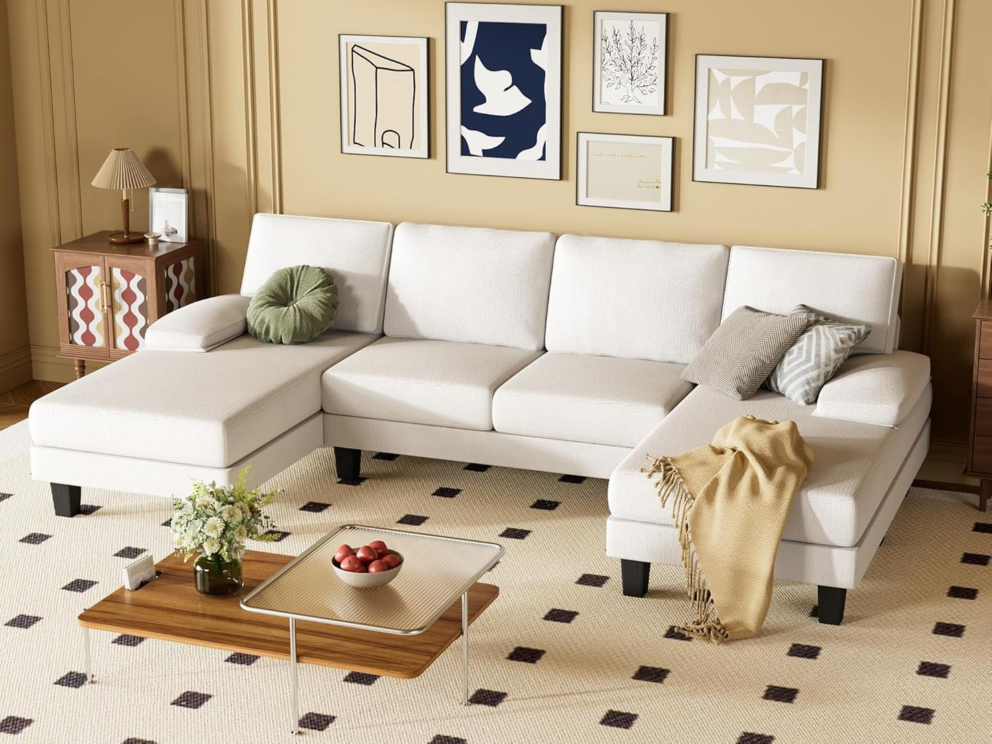 Convertible Sectional Sofa U-Shaped Couch with Soft Modern Cotton Chenille Fabric for Living Room, Oversized Seats with Comfortable Backrest, Beige White-2