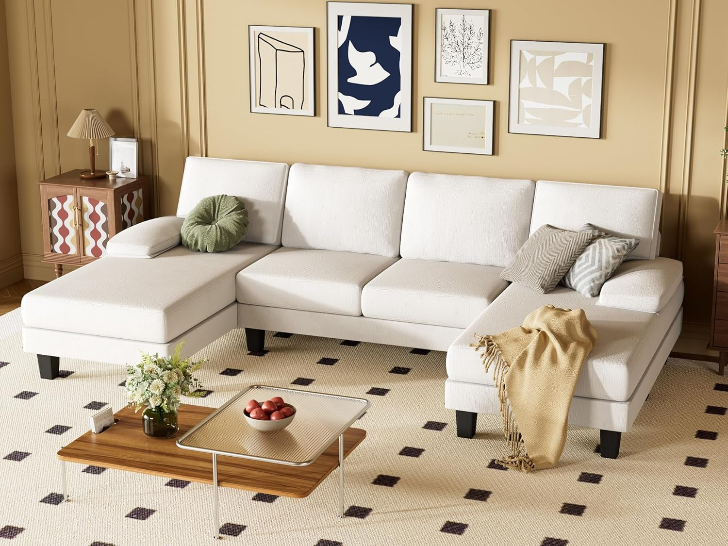 Convertible Sectional Sofa U-Shaped Couch with Soft Modern Cotton Chenille Fabric for Living Room, Oversized Seats with Comfortable Backrest, Beige White-2