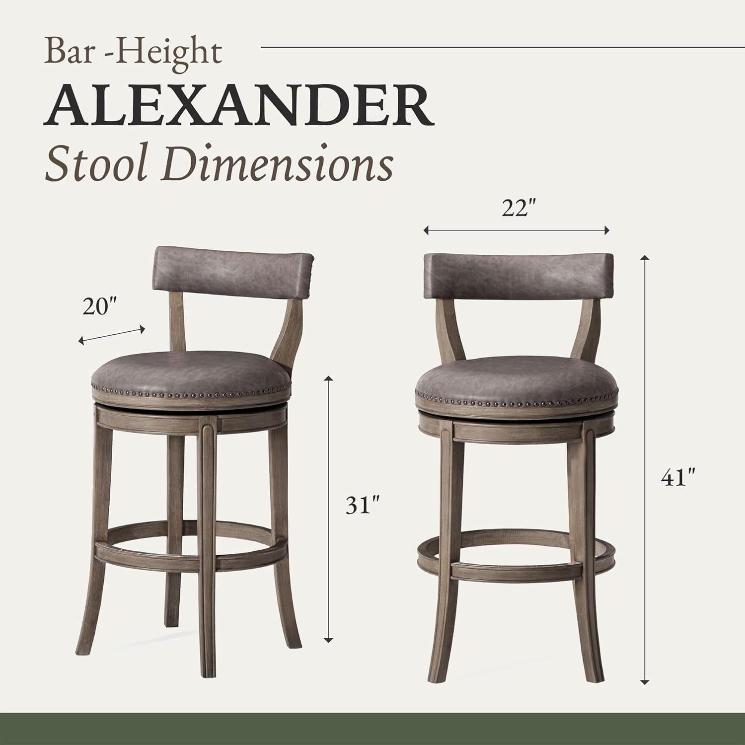 Alexander 31 Inch Tall Bar Height Rotating Low Back Barstool in Reclaimed Oak Finish with Ronan Stone Vegan Leather Seat, Set of 2-2