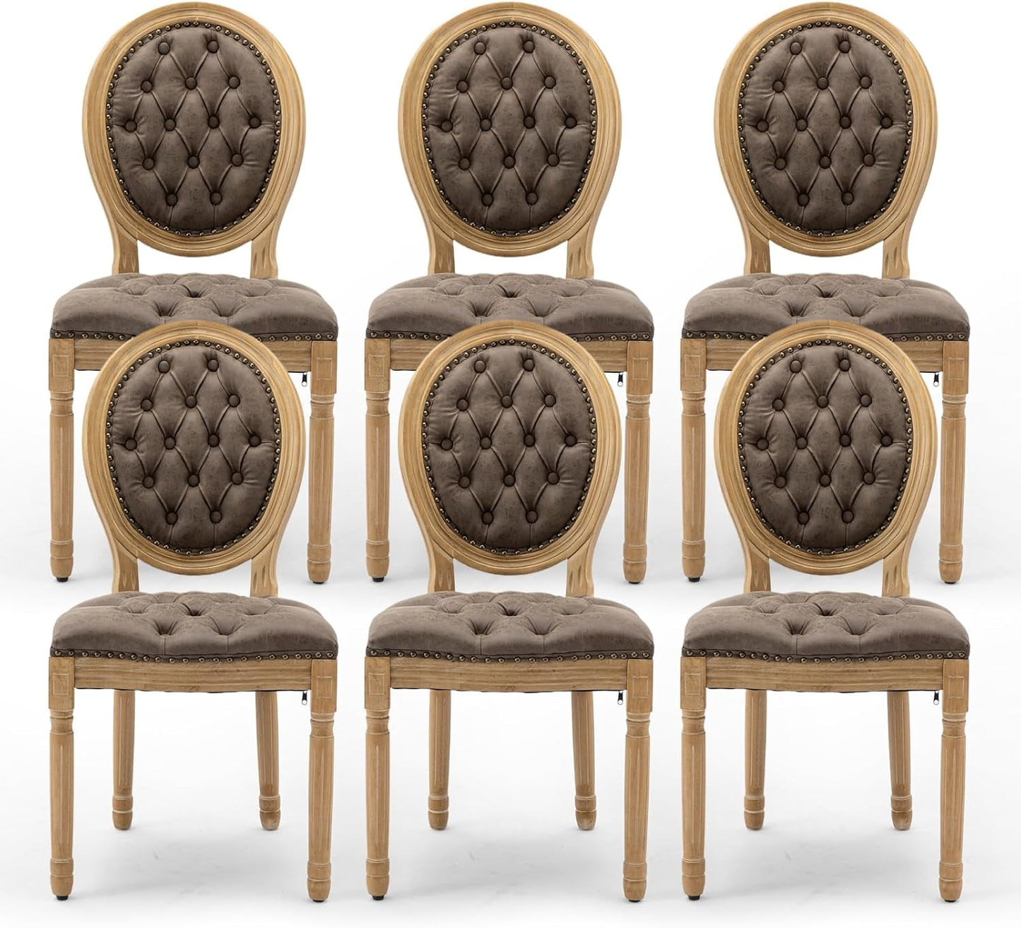 PU Leather Upholstered Dining Chairs Set of 6 French Country round Back Kitchen Side Chairs with Nailhead Trim and Wood Legs for Dining Room, Kitchen, Restaurant(Brown)-0