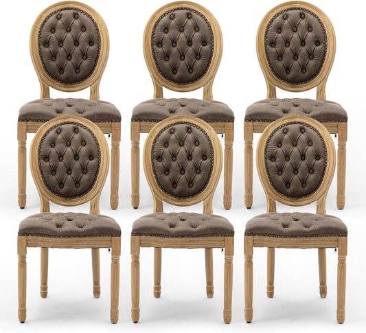 PU Leather Upholstered Dining Chairs Set of 6 French Country round Back Kitchen Side Chairs with Nailhead Trim and Wood Legs for Dining Room, Kitchen, Restaurant(Brown)-0