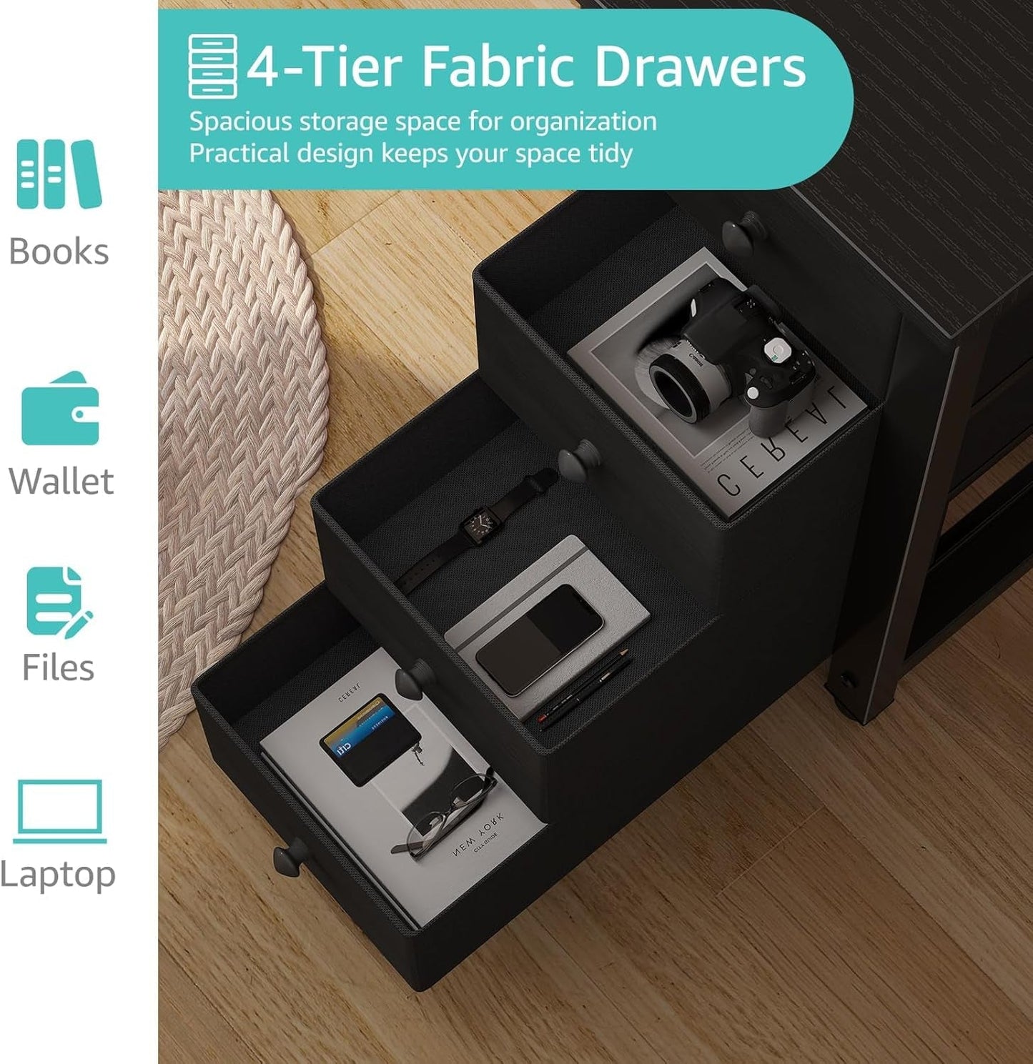 Gaming Desk with 4 Fabric Drawers & Storage Shelves, 55 Inch Computer Writing Work Study Desk for Home Office Bedroom, Modern Simple Student PC Desks Table, Black-4