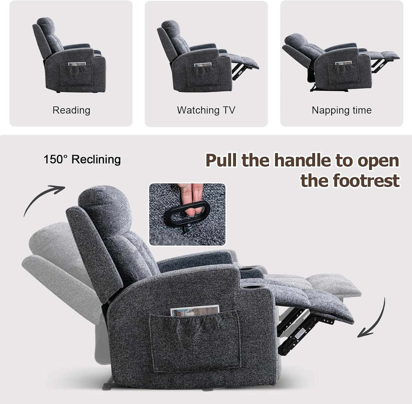 Manual Recliner Chair with Massage and Heat for Living Room Overstuffed Breathable Fabric Reclining Chair with 2 Side Pockets, 2 Cup Holders, Remote Control, Dark Gray-2