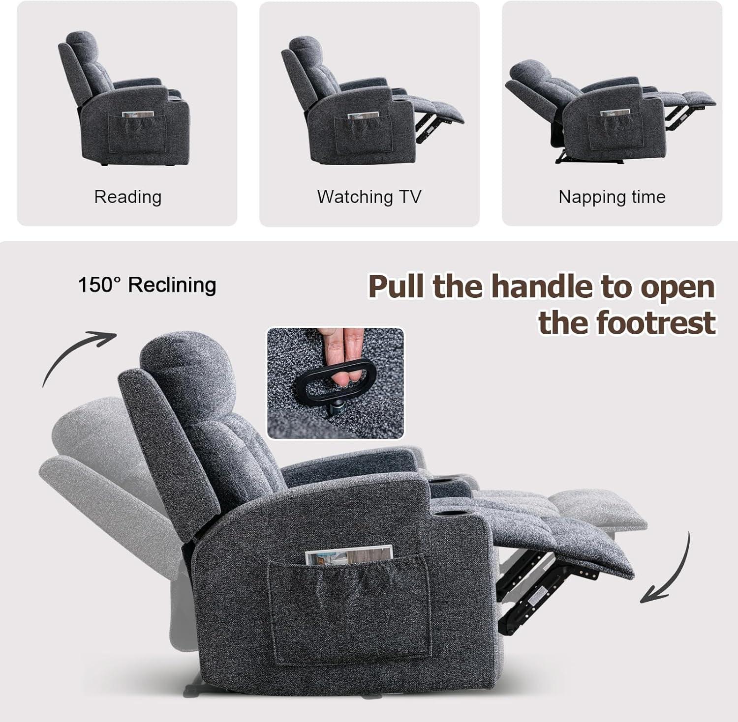 Manual Recliner Chair with Massage and Heat for Living Room Overstuffed Breathable Fabric Reclining Chair with 2 Side Pockets, 2 Cup Holders, Remote Control, Dark Gray-2
