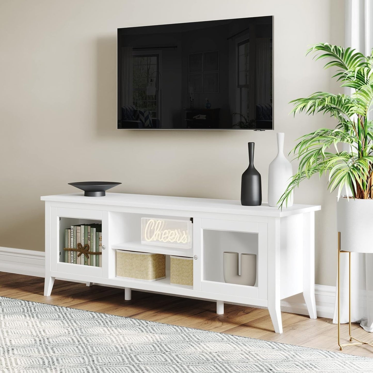 TV Stand - 55-Inch Storage Cabinet with 2 Cubbies and 2 Shelves - Entertainment Center for Living Room, Bedroom, or Entryway (White)-0