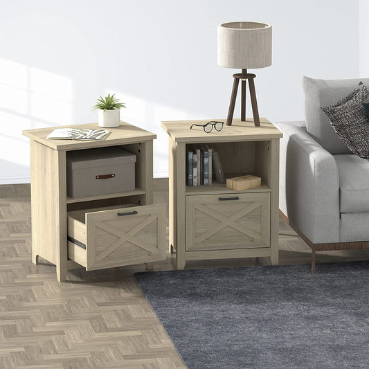 Beige Wood Nightstand with Storage Drawer and Cubby-0