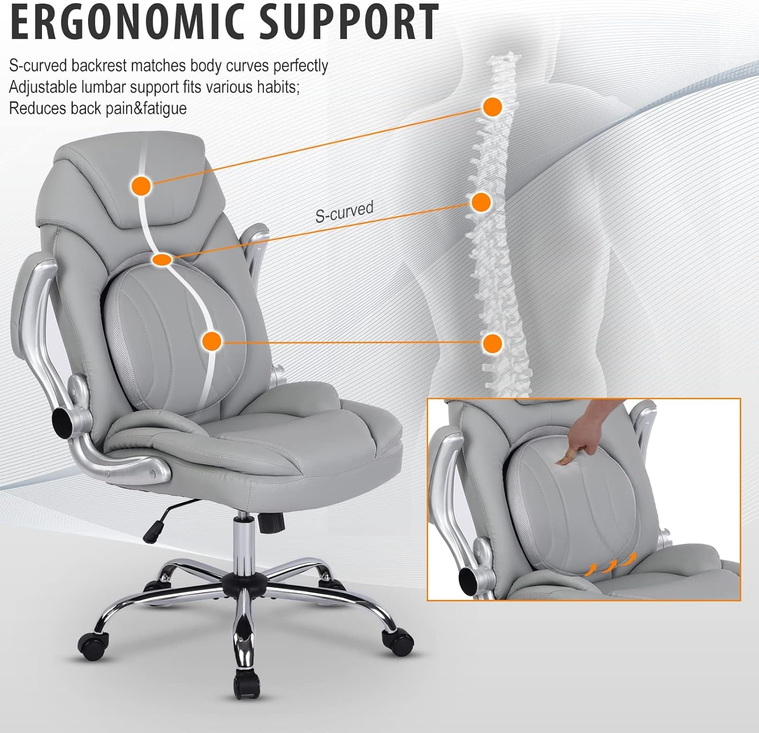 Ergonomic Executive Office Chairs with Lumbar Support, PU Leather Home Desk Wheels and Flip up Arms, 90-120° Rocking Managerial Chair (Gray) Grey Medium(300Lbs)-4
