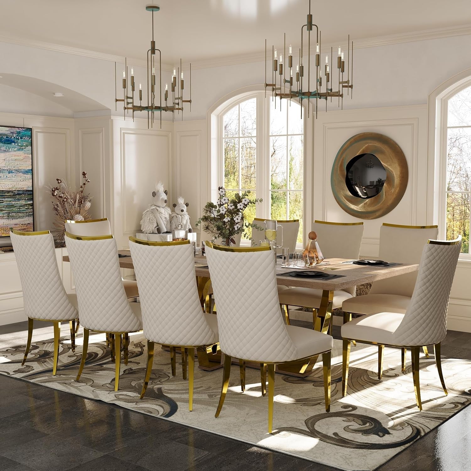 94 Inch Large Walnut Dining Table for 8-10 People, Polished Stainless Steel Tree Fork Legs, Wooden Cross Base, Sturdy and Waterproof, Wooden Dining Table Suitable for Kitchen, Dining Room-3