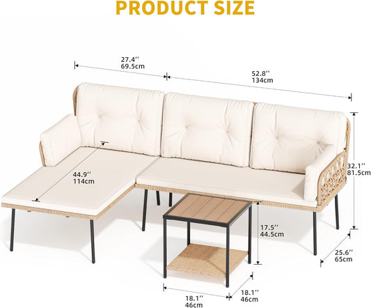 Patio Furniture Set, 3-Piece Outdoor Wicker Conversation Sectional L-Shaped Sofa with 4 Seater for Backyard, Porch, Boho Detachable Lounger with Cushions and Coffee Table - Beige-1