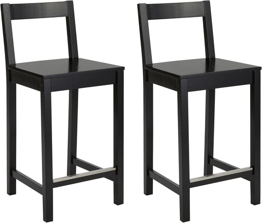 Wooden Bar Stool with Backrest, Black, Set of 2-0