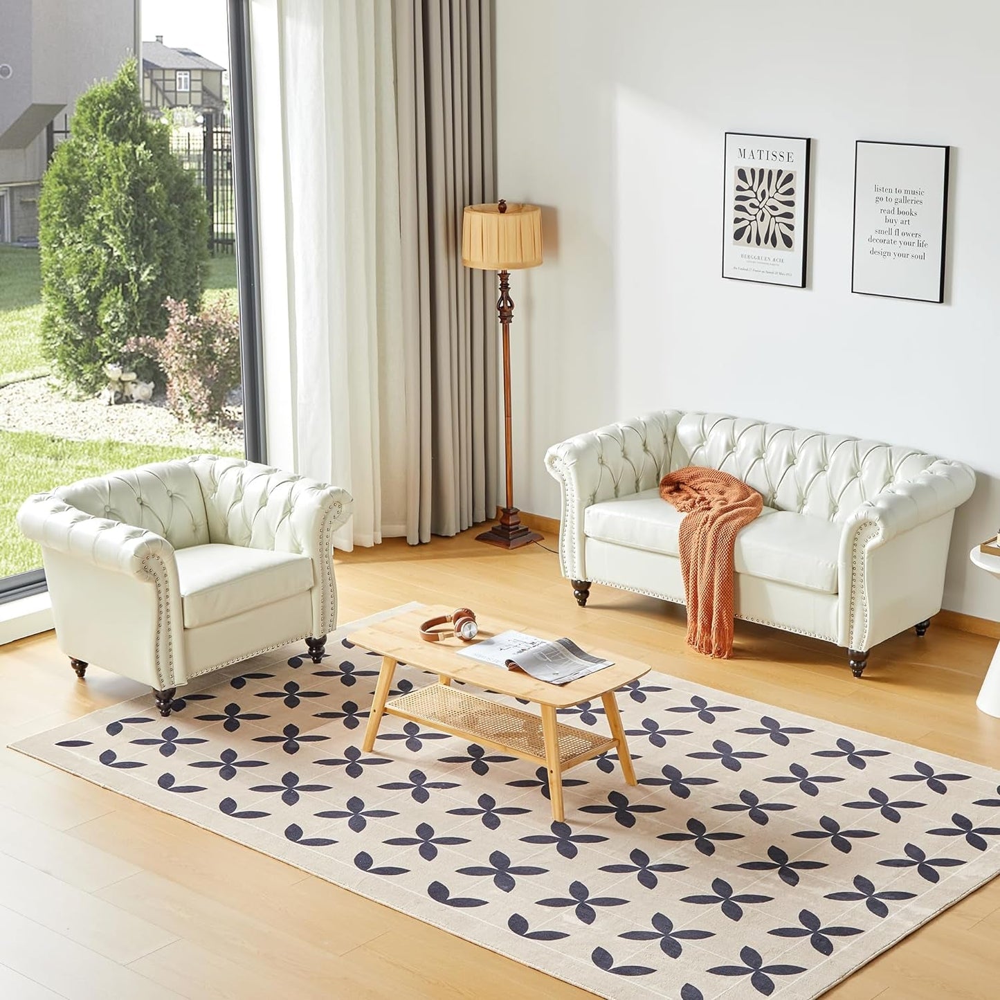 2 Piece Living Room Set, Chesterfield Faux Leather Sofa Couch Chair with Scroll Arms and Nailhead for Living Room, Office (White)-0