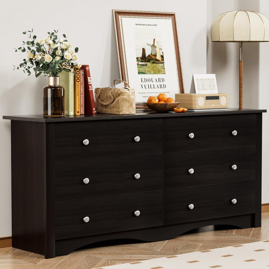 Dresser with 6 Drawer, Wood Wide Chest Storage Organizer and TV Stand for Living Room, Hallway, Dormitory, Brown-0