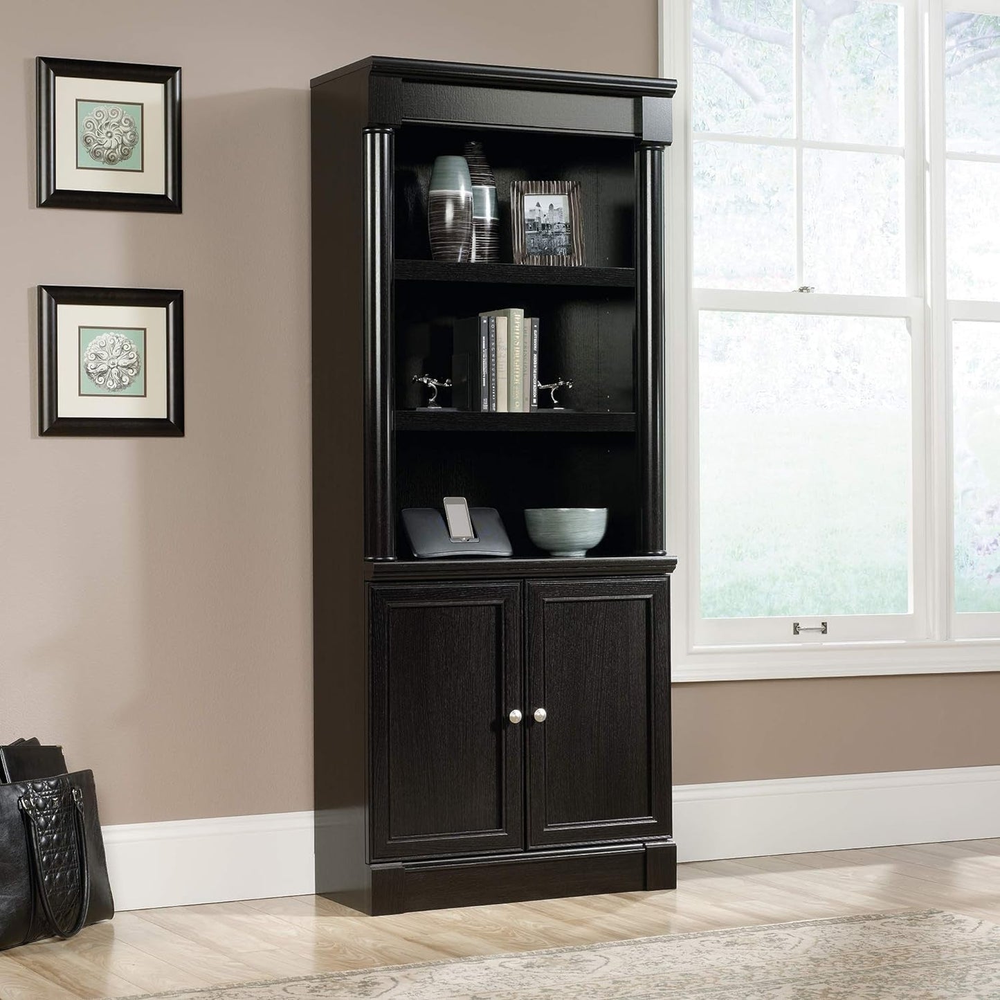 Palladia Library with Doors/Book Shelf, L: 29.37" X W: 13.90" X H: 71.85", Wind Oak-1