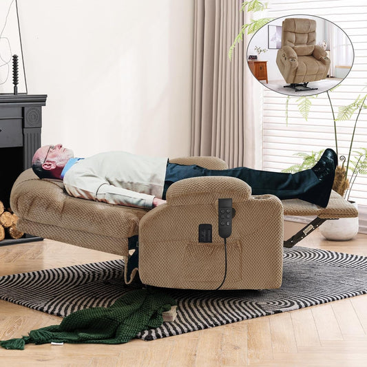 Large Dual Motor Lay Flat Power Lift Recliner Chair with Massage, Heating, Lumbar Pillow, USB & Type-C Ports, Textile Lift Chairs Recliners, Oversized Recliner for Big & Elderly People - Beige-0