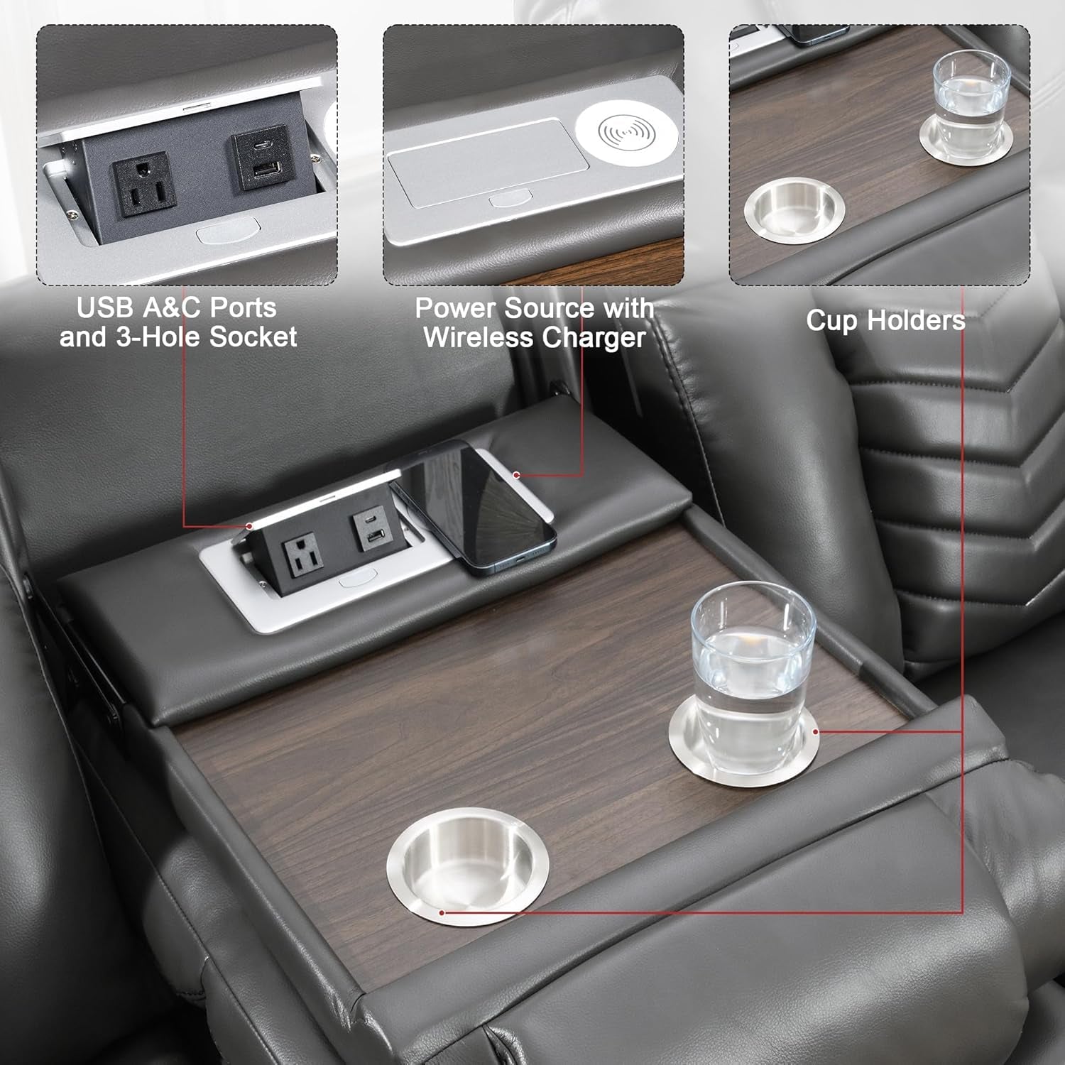 Power Reclining Sofa Set with LED Light,0 Gravity Air Leather Recliner Sofa Set with Bluetooth Speaker,Wireless Charger,Storage Console,Usb Ports,Cup Holders for Living Room/Office(2Pcs,Gray)-4
