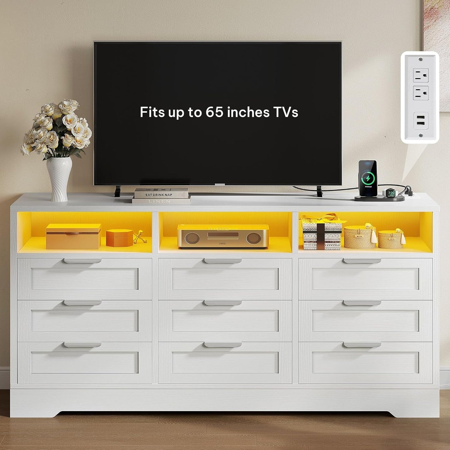 9 Drawer Double Dresser with LED Ligh, Modern Chests of Drawers with Power Outlet, High White Storage Dresser with Charging Station-White-2