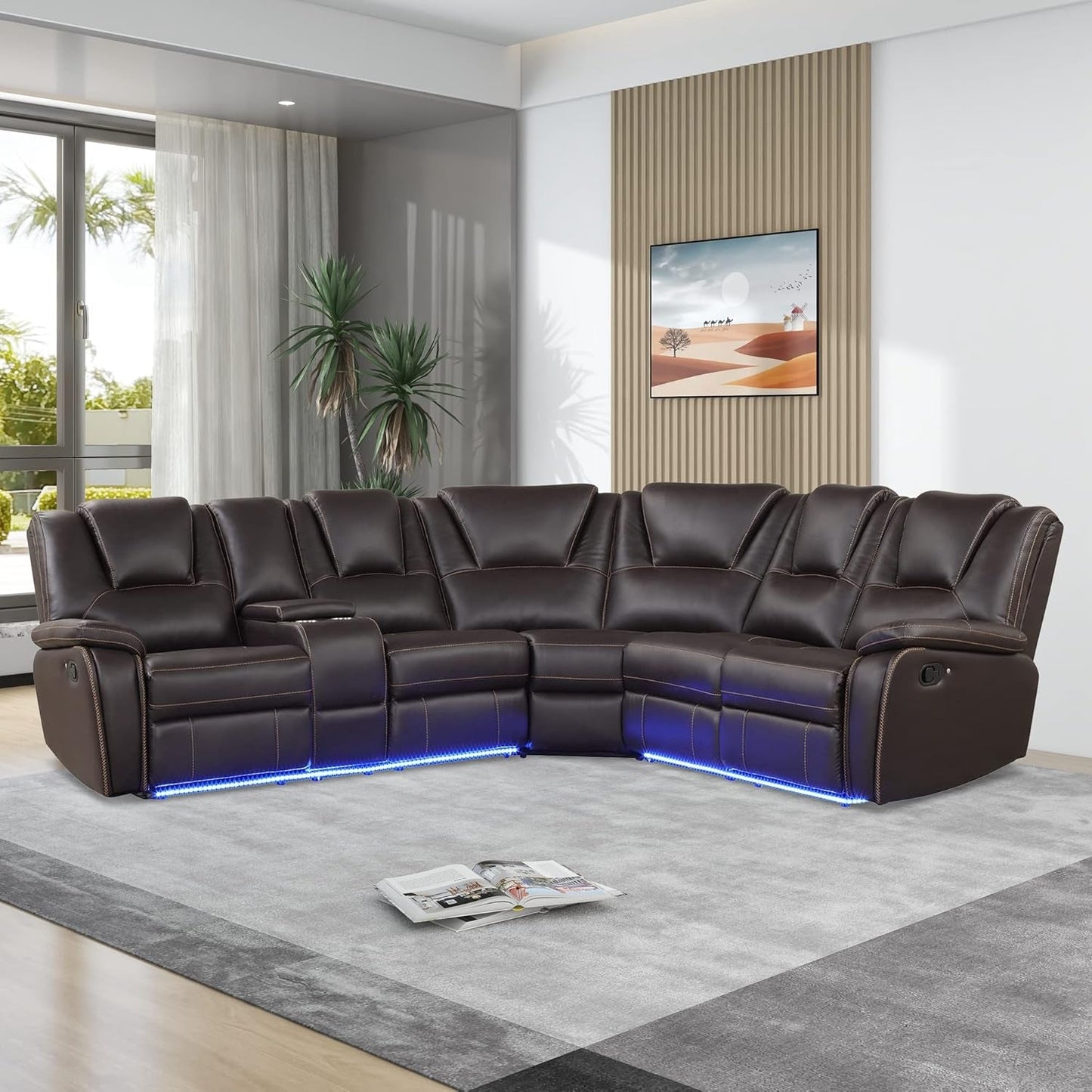 Faux Leather Reclining Sectional Sofa with LED Lights-0