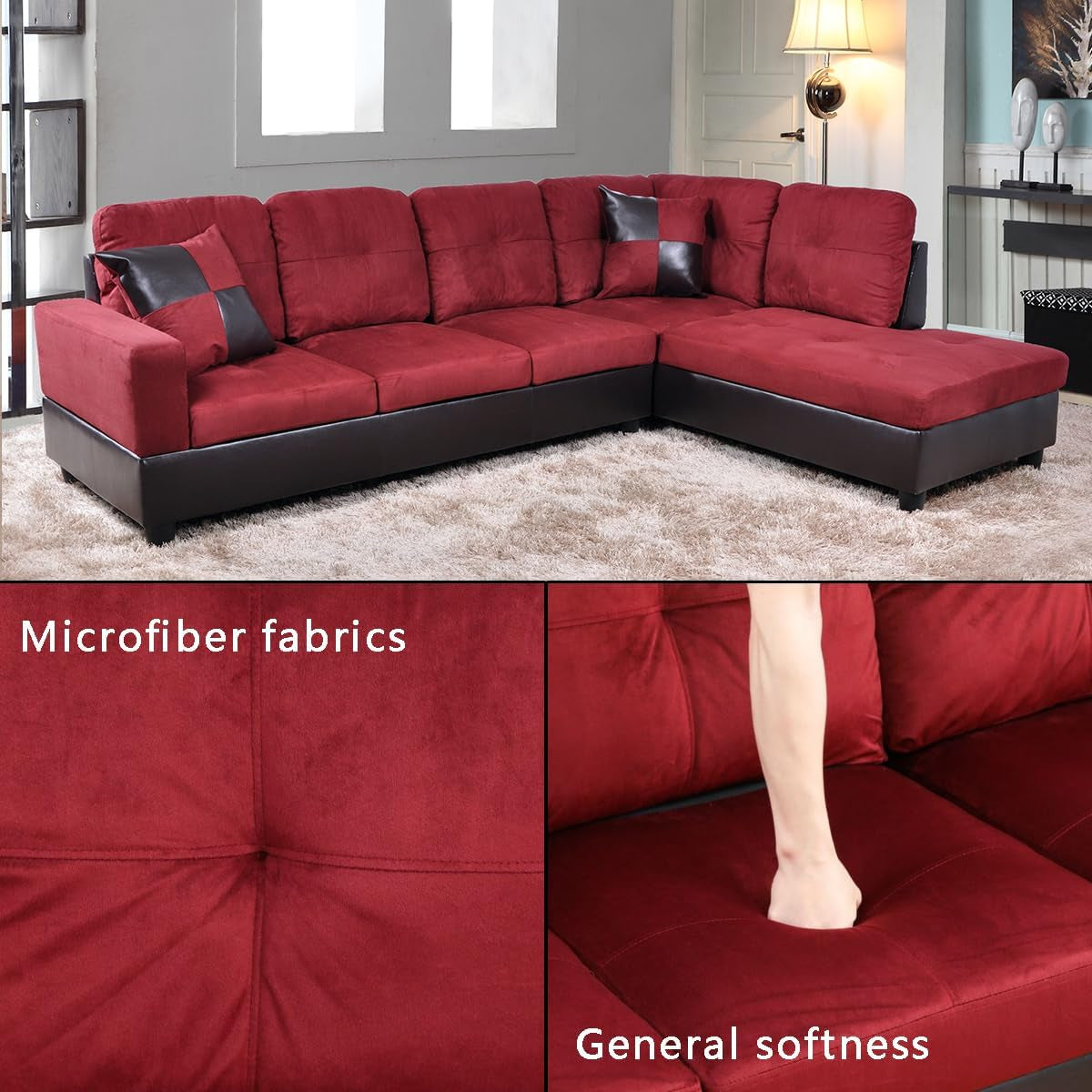 2 Pieces Sectional Sofa Sets, L-Shape Sofa Microfiber Couch Living Room Sofa Set with Chaise Using for Living Room Furniture(A-Red, Right Hand Facing)-3