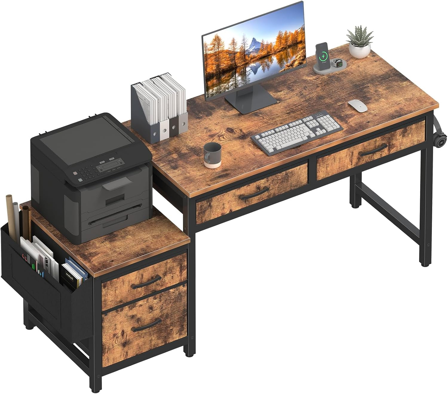 Computer Desk with Fabric File Drawers Cabinet, 57 Inch Home Office Desks with Filing Cabinet Printer Stand for Small Space, Study Writing Table PC Desks for Bedroom, Brown-0