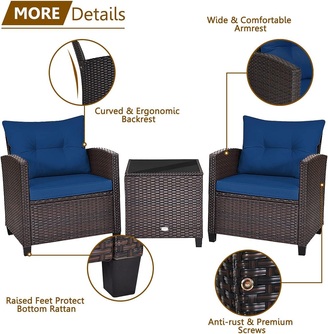 3 Piece Patio Furniture Set, Outdoor Conversation Set with Washable Cushions & Tempered Glass Tabletop, PE Rattan Wicker Bistro Set for Porch, Garden, Balcony (Navy Blue)-2