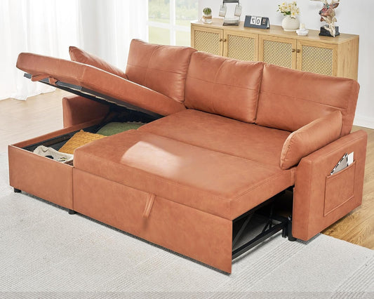 Sleeper Sofa, Sofa Bed- 2 in 1 Pull Out Couch Bed with Storage Chaise, Sofa Sleeper Couch for Living Room, Brown Leathaire Sofa-0