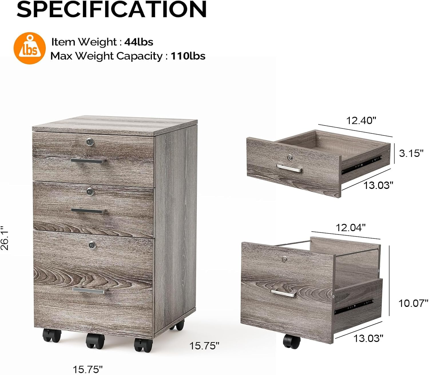 3-Drawer File Cabinet with Lock, Wood Rolling File Cabinet under Desk File Cabinets for Home Office, Mobile Printer Stand & File Cabinet for Letter Sized Files, 26" H(Caster Included),Gray Oak-2