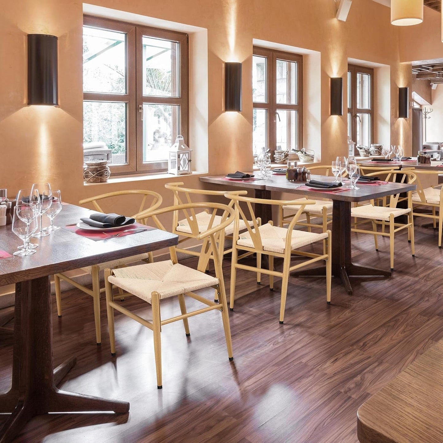 Metal Weave Arm Chair Y-Shaped Backrest Mid-Century Metal Dining Chair Hemp Seat Set of 2, Metal-3