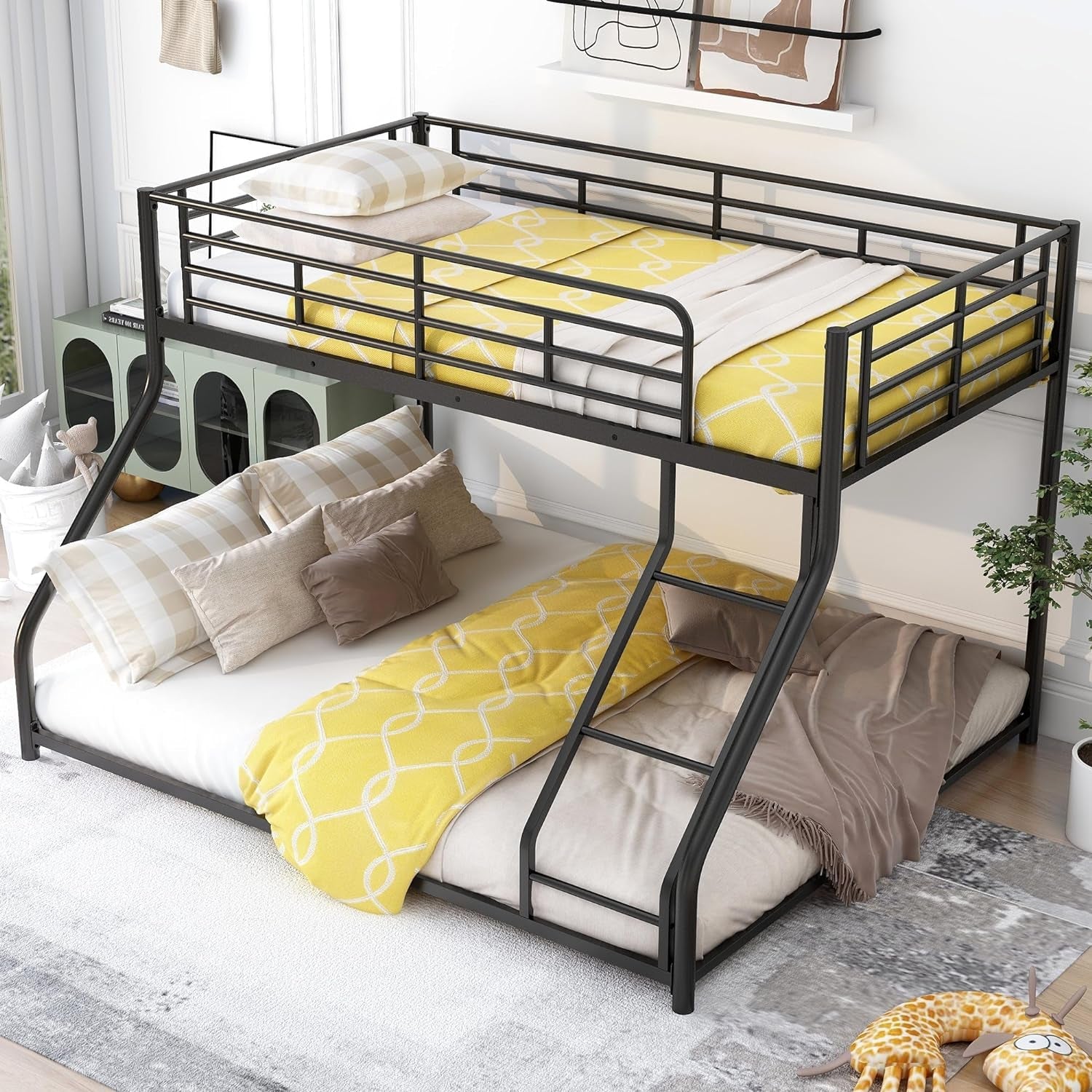 Twin over Queen Bunk Bed, Floor Bunk Bed, Heavy Duty Metal Bunk Bed Frame, Queen Bunk Bed for Adults, Adult Bunk Beds Heavy Duty, Twin XL Bunk Bed, Black-3
