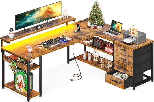 61" L Shaped Desk with Drawer, Computer Desk with Power Outlets & LED Lights, Reversible Corner Gaming Desk for Home Office Workstation, Office Desk with Monitor Shelf, Vintage-0