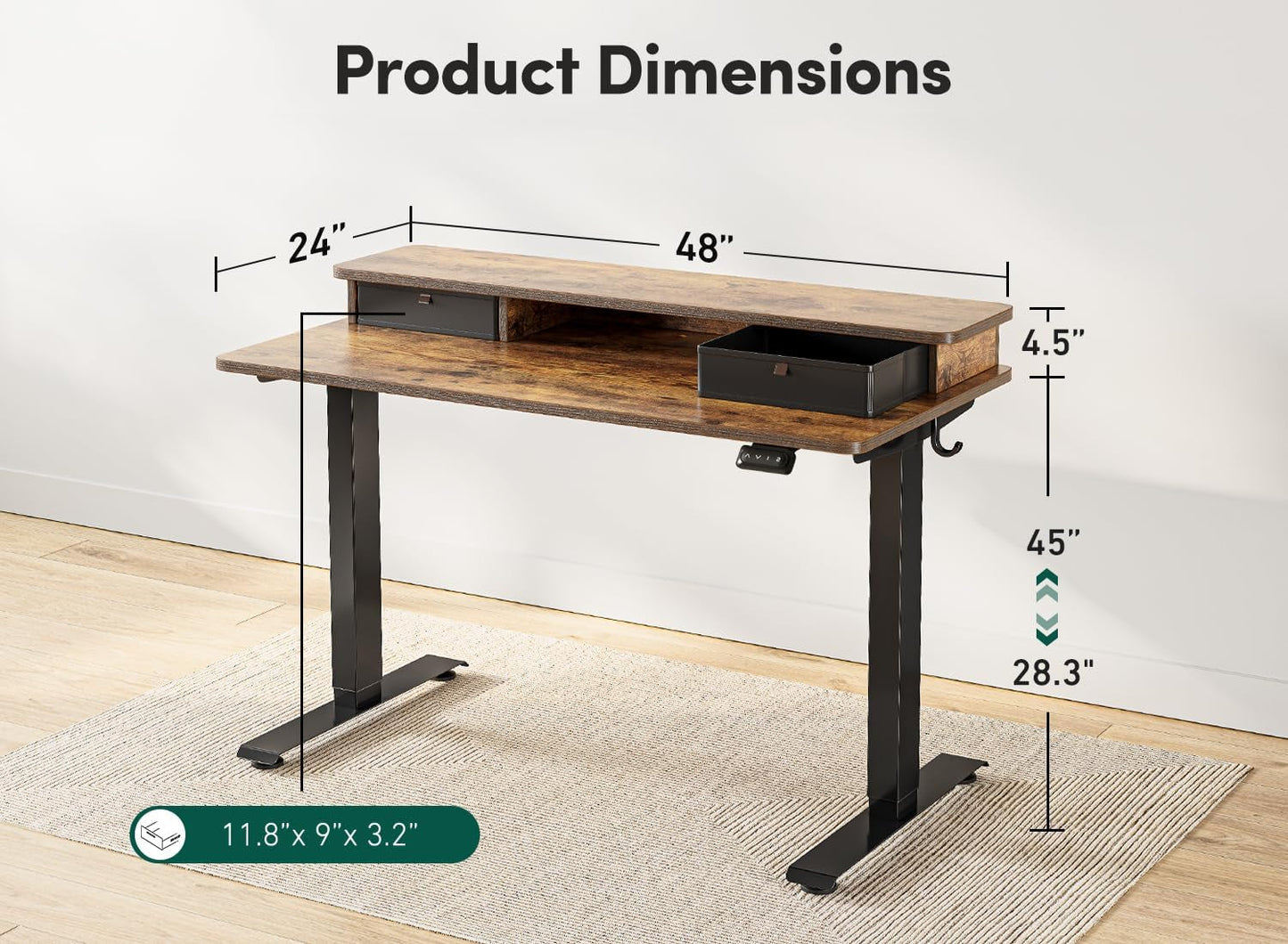 48 X 24 Inch Height Adjustable Electric Standing Desk with Double Drawer, Stand up Desk with Storage Shelf, Sit Stand Desk, Vintage Brown-2