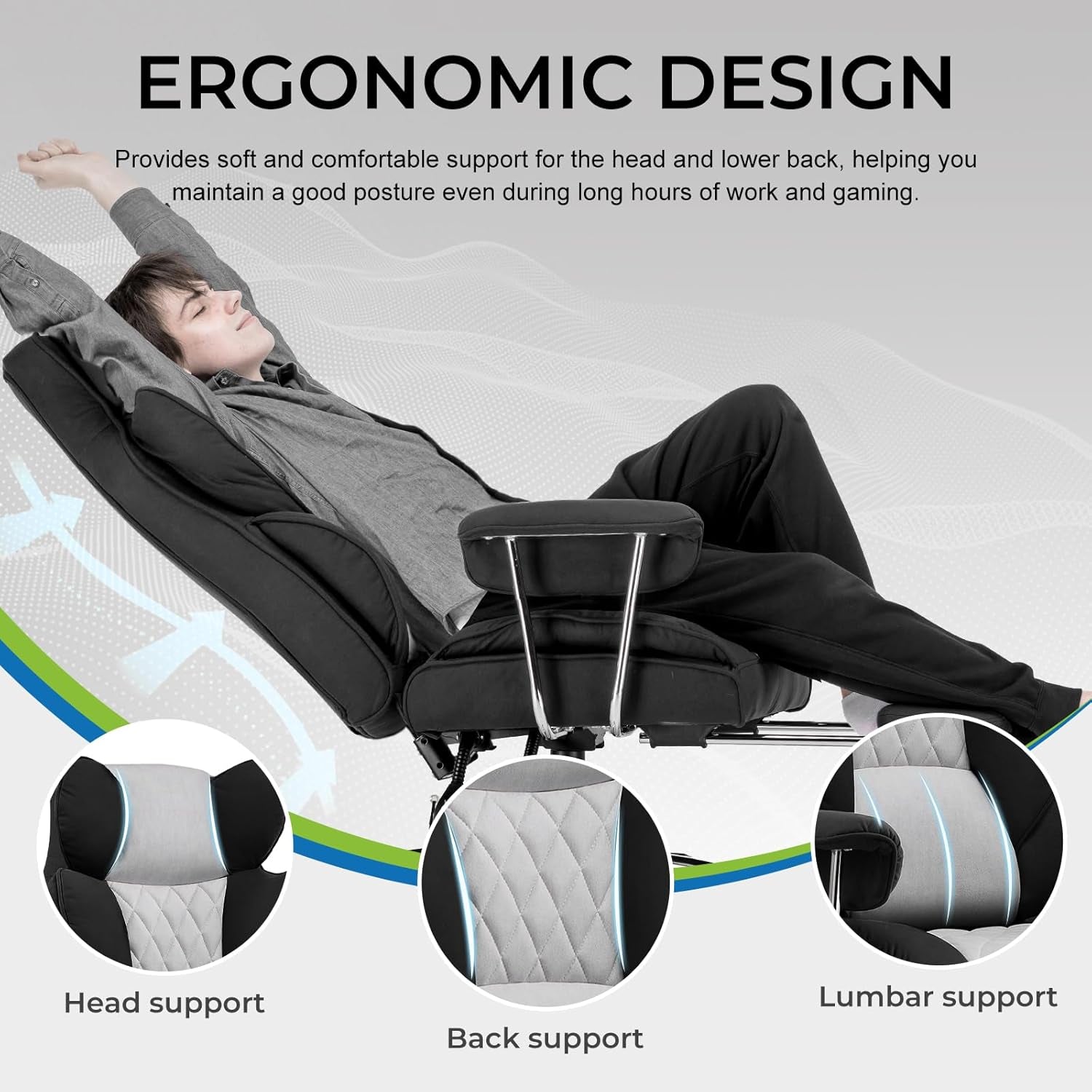 Gaming Chair,Office Chair with Pocket Spring Lumbar Support, Ergonomic Comfortable Wide Office Desk Computer Chair with Outward Fixed Soft Armrests and Footrest (Fabric, Black & Gray)-4
