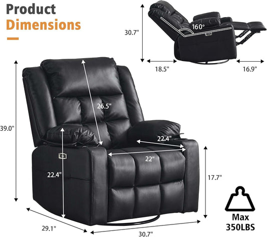 Power Swivel Rocker Recliner Chair for Adults with Massage and Heat, USB and Type-C Ports, Infinite Position, Electric Glider Reclining Single Sofa Chair for Living Room(Black)-1