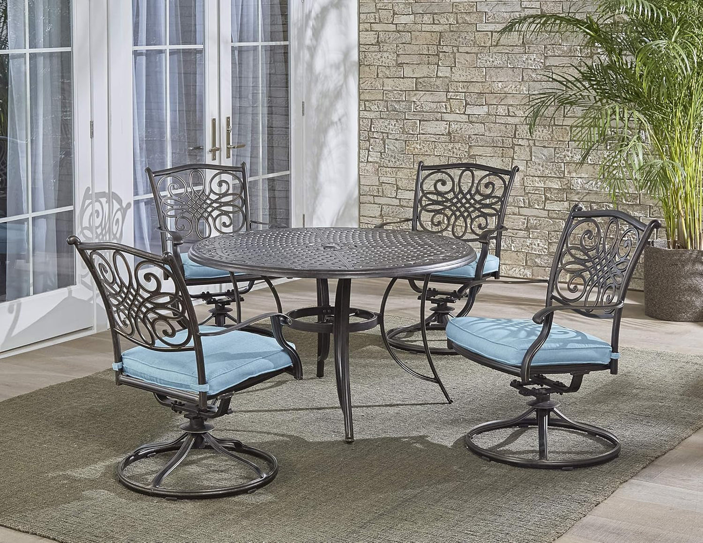 Traditions 5-Piece Rust Resistant Aluminum Patio Dining Set with Blue Cushions, Swivel Rockers and Aluminum round Dining Table, Outdoor Dining Set for 4-2