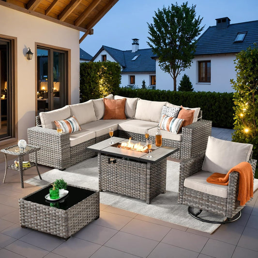 9 Pieces Patio Furniture Set, Outdoor Sectional Sofa with Swivel Rocking Chair, 42" Fire Pit Table, Wide Arms and Deep Seat, Modular Wicker Rattan Conversation Set, Beige-0