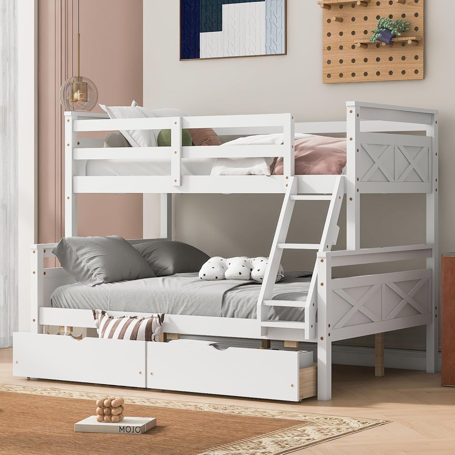Twin over Full Bunk Bed, Kids Bedroom White Wooden Bunk Bed Frame, Convertible to 2 Separated Beds with 2 Big Drawers, Ladder & Guardrail for Teens, Wood Slat Support, Easy Assembly, White-0