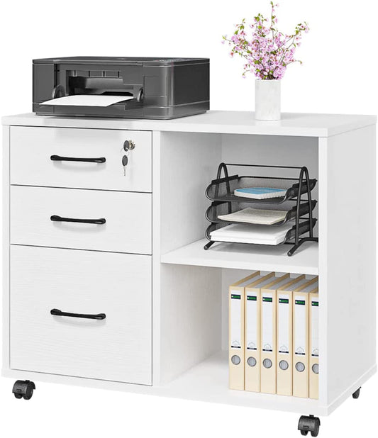 3 Drawer File Cabinets, Mobile Lateral Printer Stand with Open Shelf, Rolling Filing Cabinet with Wheels Home Office Organization and Storage (White)-0